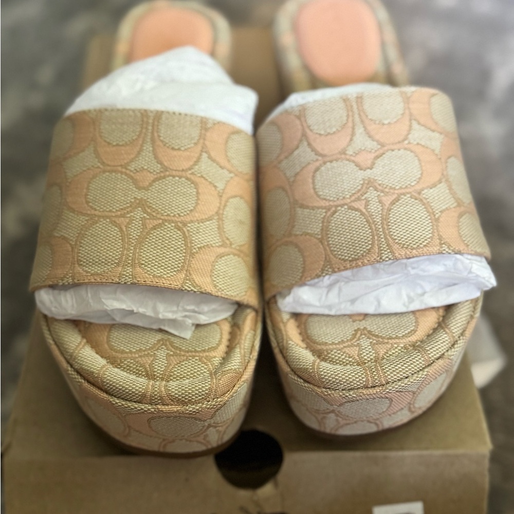 Coach Tan Monogram Platform Slides